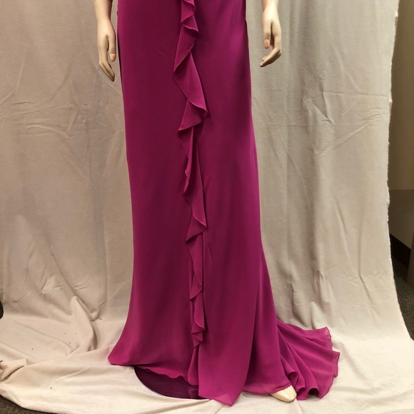 Vintage 90's Raspberry Pink Ruffle Halter Gown - Picture 3 of 8